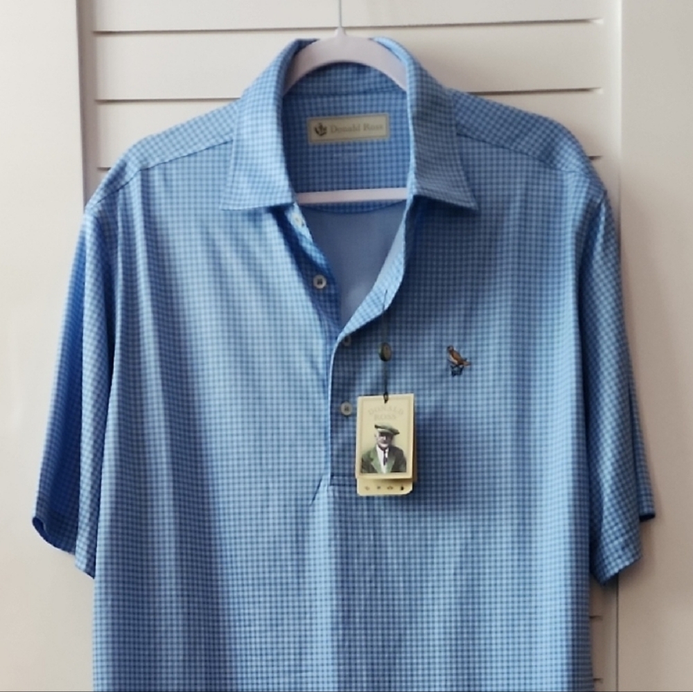 Donald Ross Classic Blue Jersey Polo Shirt in Pacific Check w/ Embroidered Logo